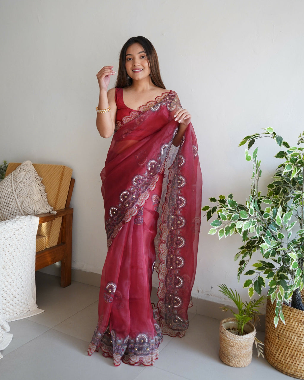 Vamsee Shivika Maroon Organza Saree | Grocsy