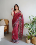 Vamsee Shivika Maroon Organza Saree | Grocsy