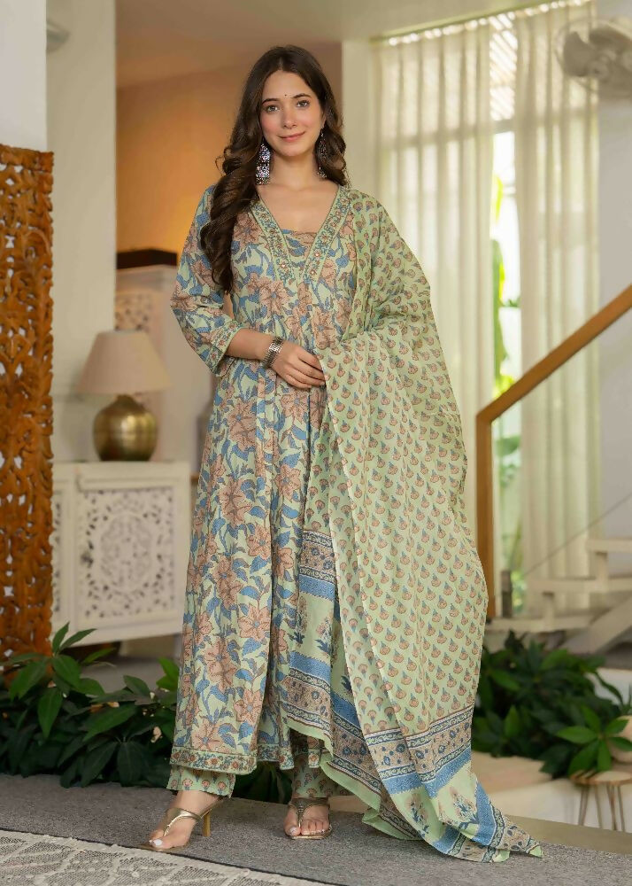Jaimini Women Cotton Printed V-Neck 3/4 Sleeves Calf Length Flared Kurta Pant And Dupatta Set | Grocsy