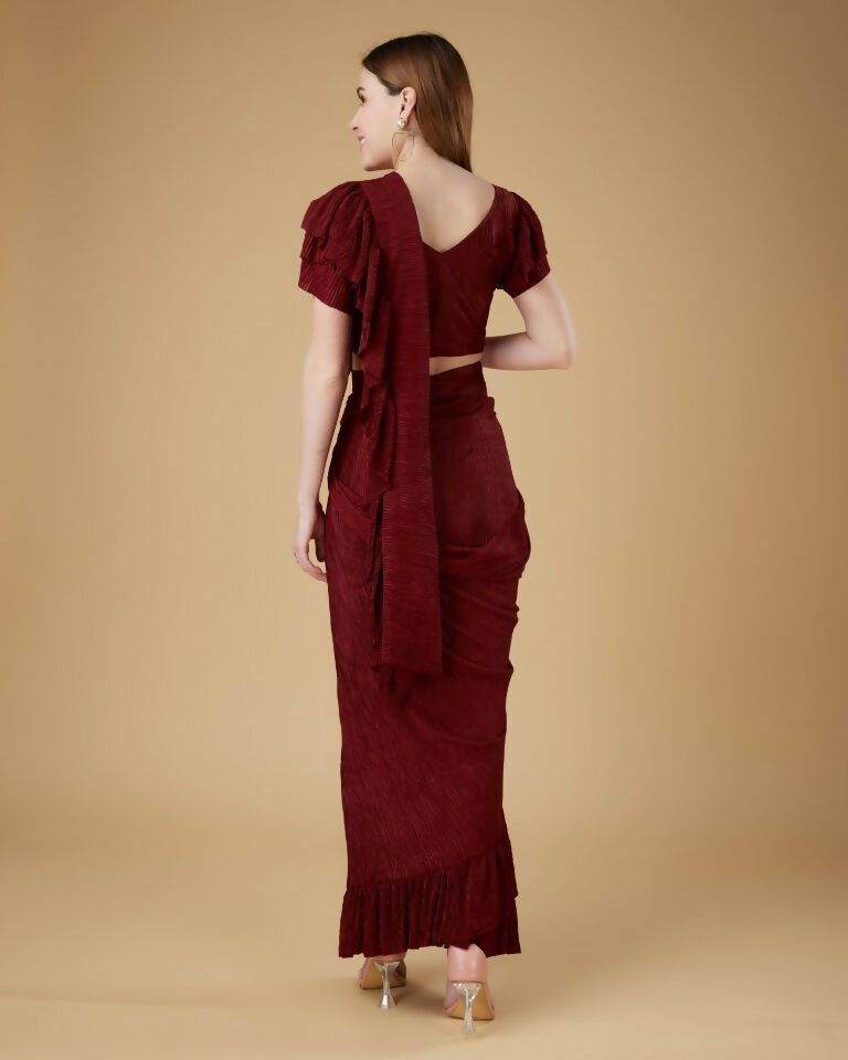 Maroon Imported Crush Solid Ready to Wear Saree with stitched Blouse - Aayan | Grocsy