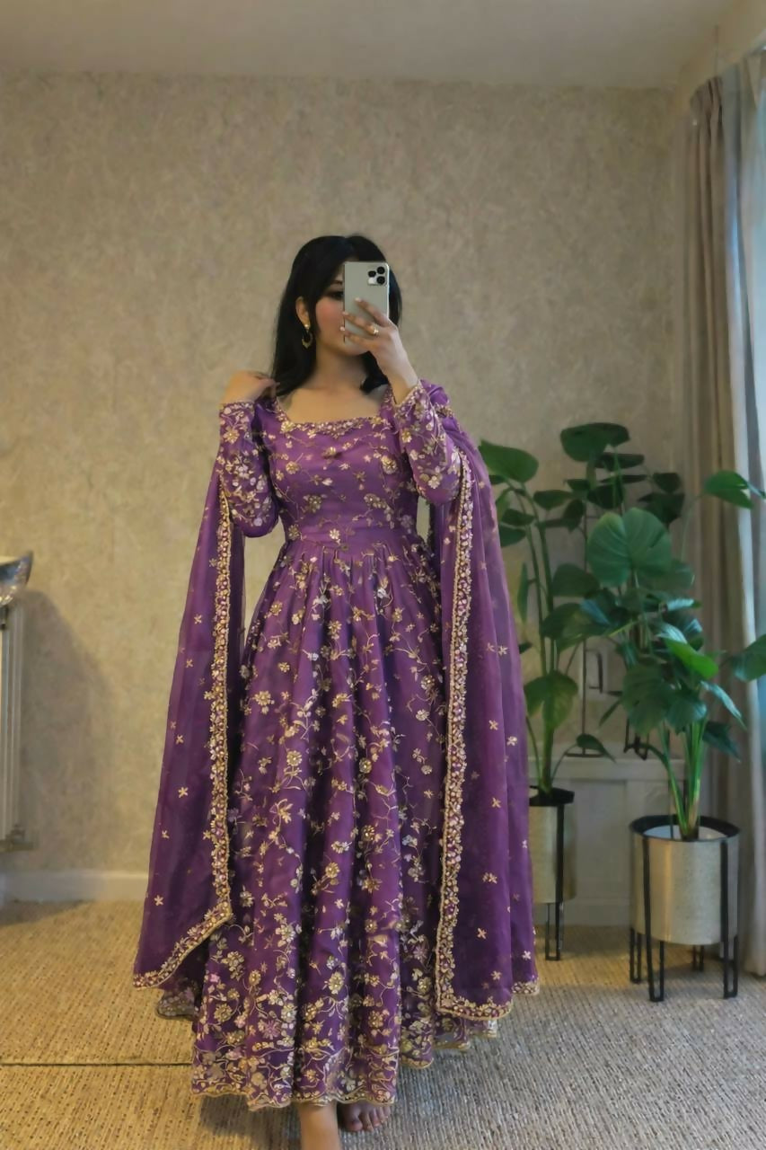 Teeya Creation Onion Color Faux Georgette Long Party Wear Gown | Grocsy