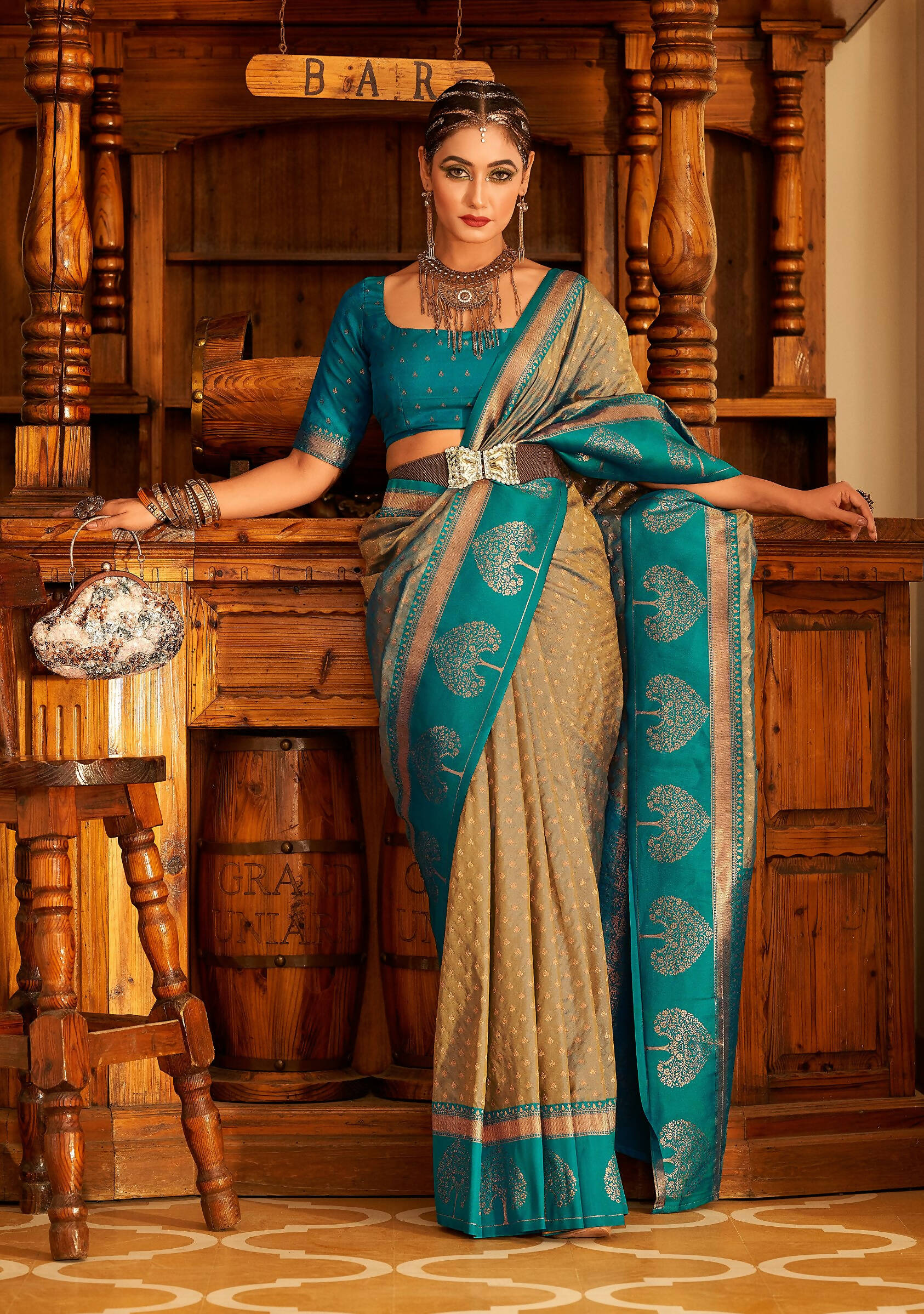 Beige Soft Banarasi Paithani Copper Zari Weaving Saree With Unstitched Blouse Piece - Jodha | Grocsy