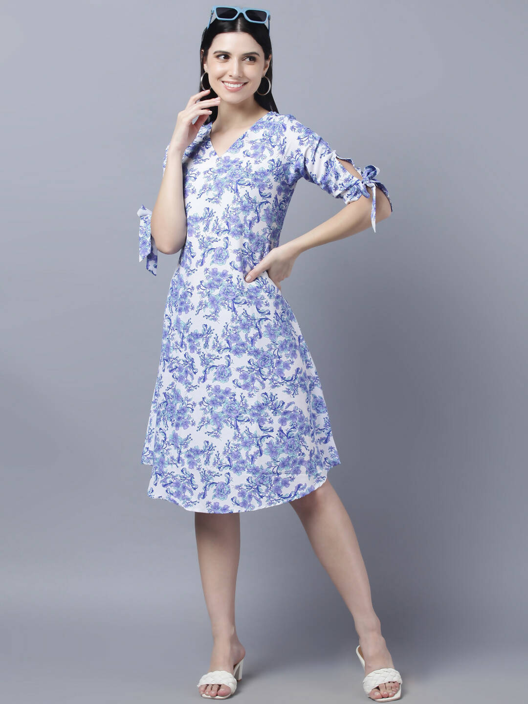 Myshka Women White Blue Printed A-Line Dress | Grocsy