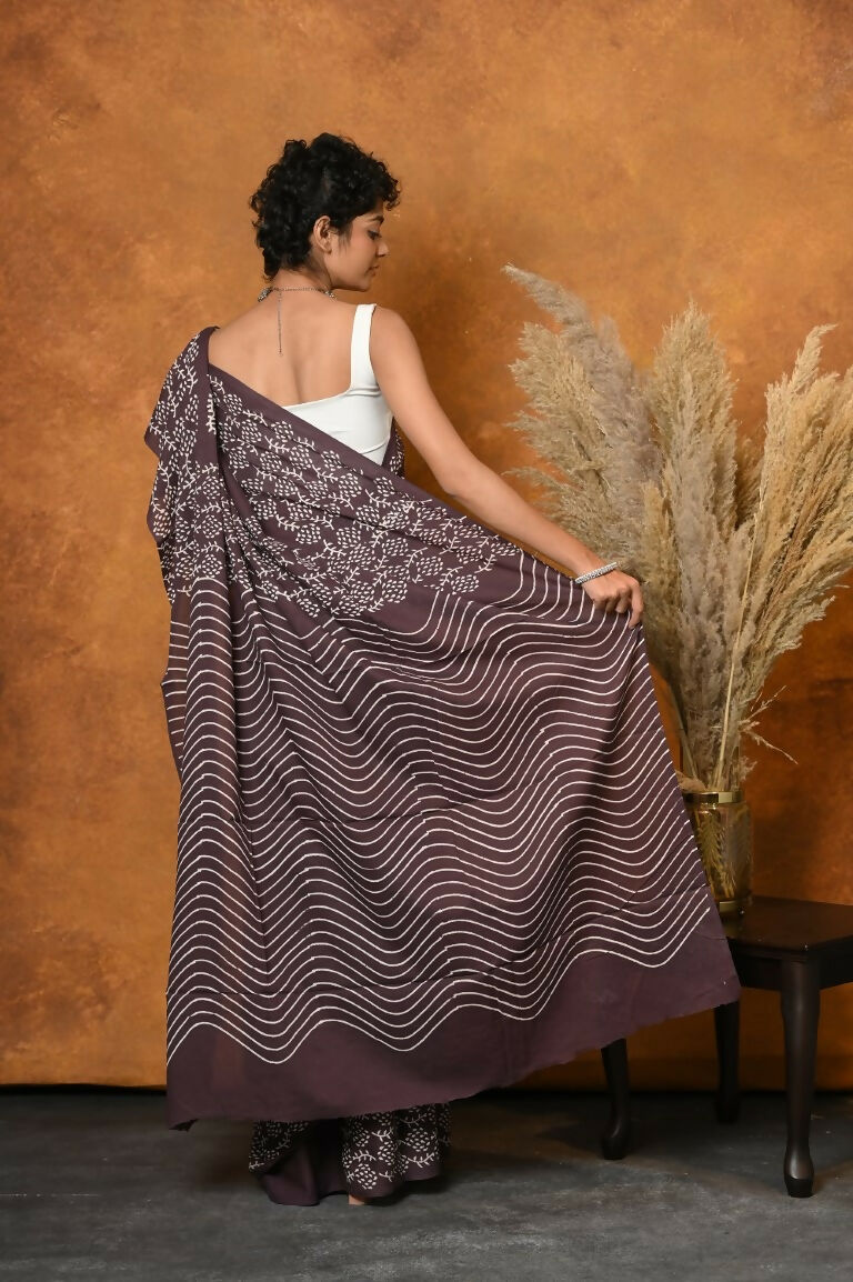 Very Much Indian Handblock Printed Cotton Saree With Natural Dyes - Brown | Grocsy