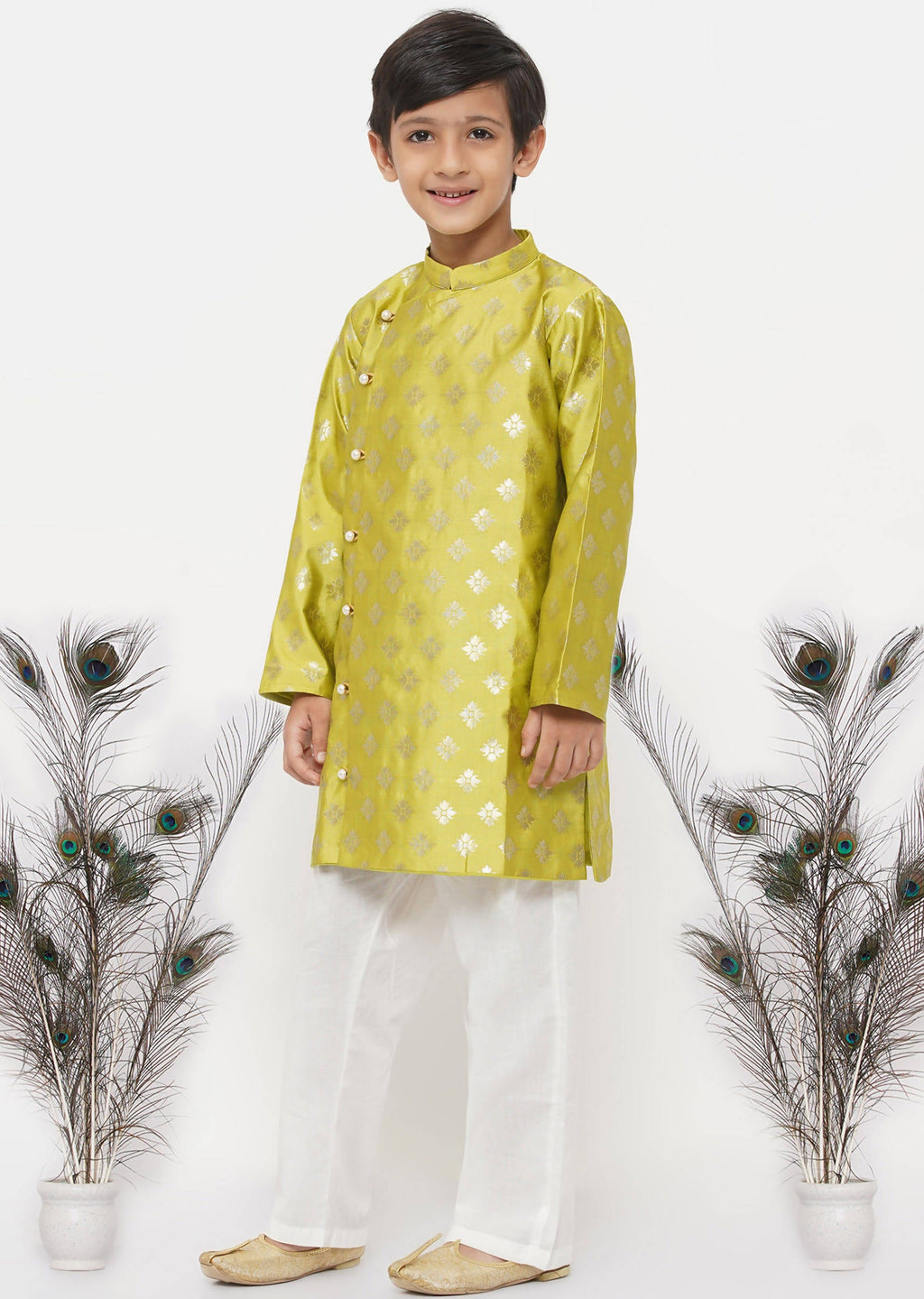 Little Bansi Boys Banarsi Silk Sherwani & Pyjama - Apple Green & Cream | Grocsy