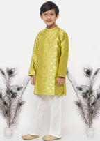 Little Bansi Boys Banarsi Silk Sherwani & Pyjama - Apple Green & Cream | Grocsy