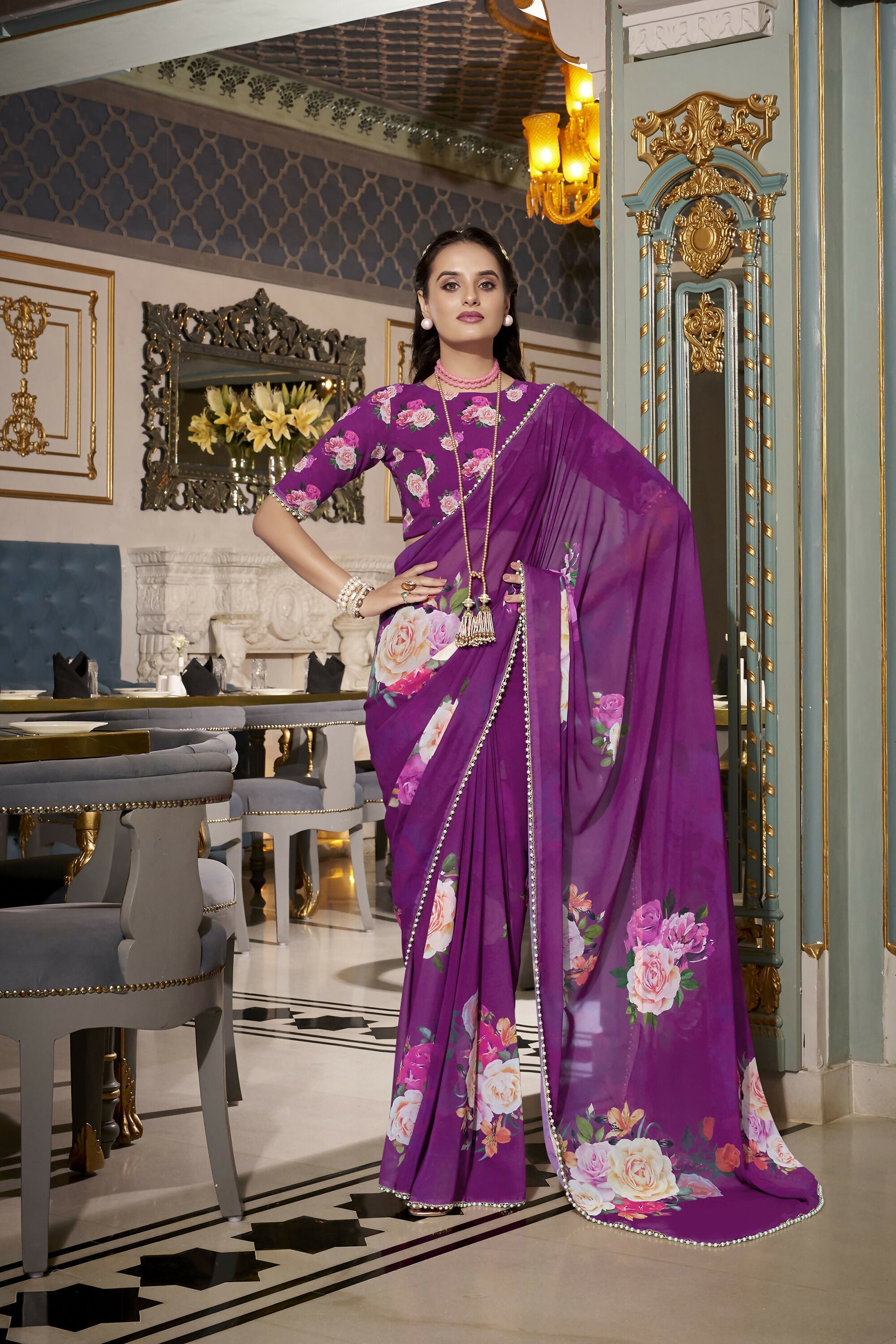 Vastranavya Purple Spectacular Georgette Printed with Pearl Lace Saree with Unstitched Blouse | Grocsy
