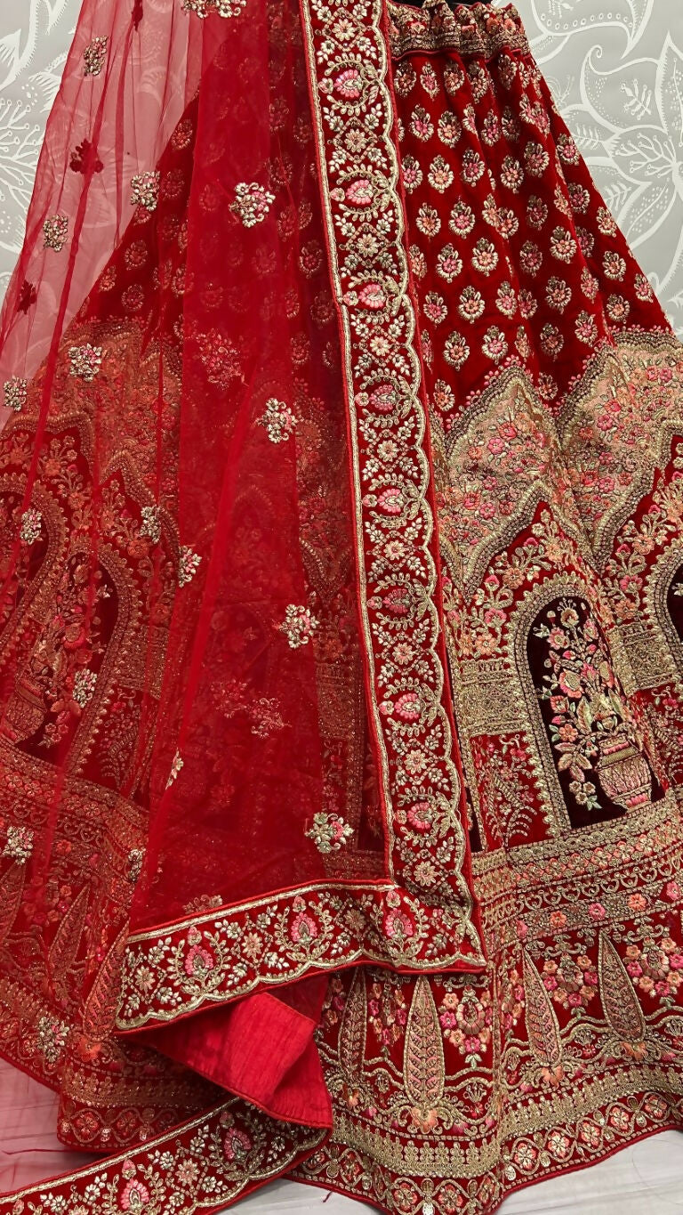Jyoti Fashion Women's Red Velvet Multi Thread Embroidered with Zircon Diamond Wedding Lehenga Choli | Grocsy