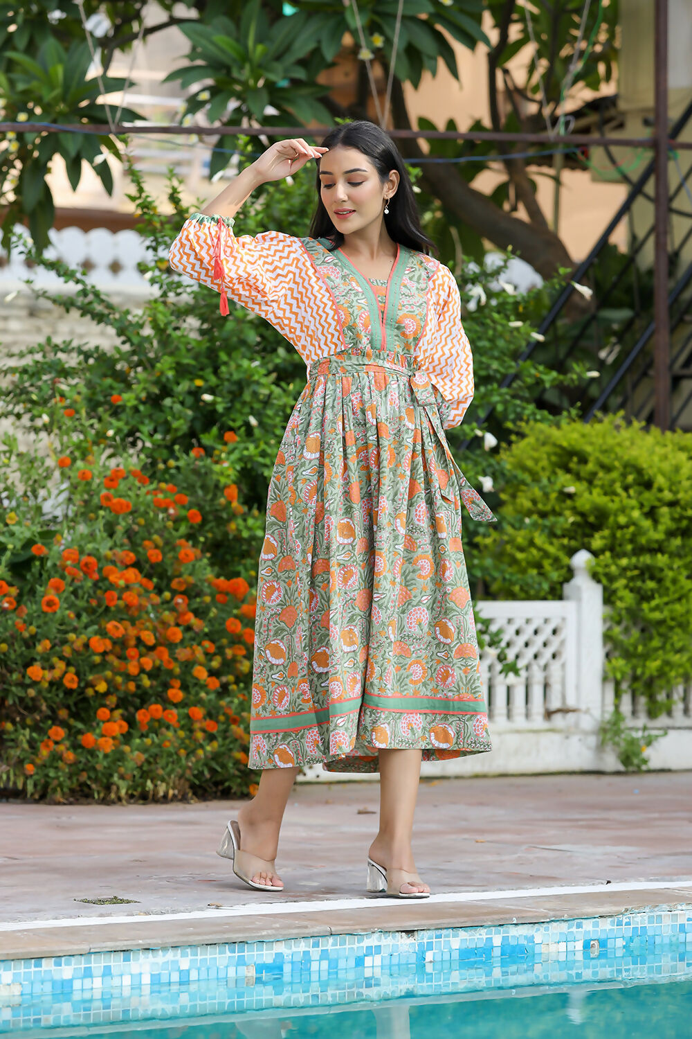Kaajh Women's Orange Hand Block Printed Dress | Grocsy