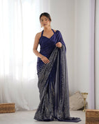 Blue Georgette Designer Sequence Embroidery Work Saree - Sitare | Grocsy