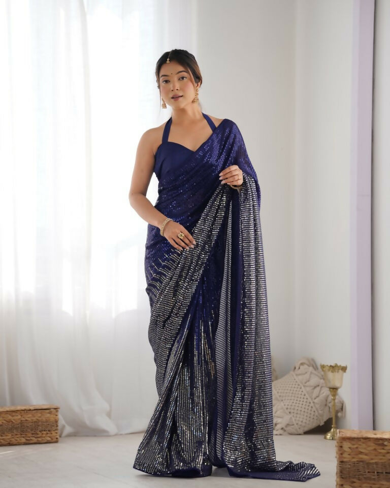 Blue Georgette Designer Sequence Embroidery Work Saree - Sitare | Grocsy