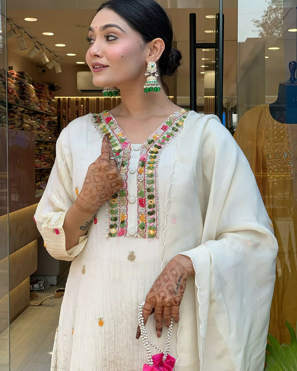 The52 Off White Women's Gorgeous Chinon Fabric Embroidered Work Straight Kurta Pant and Dupatta Set | Grocsy