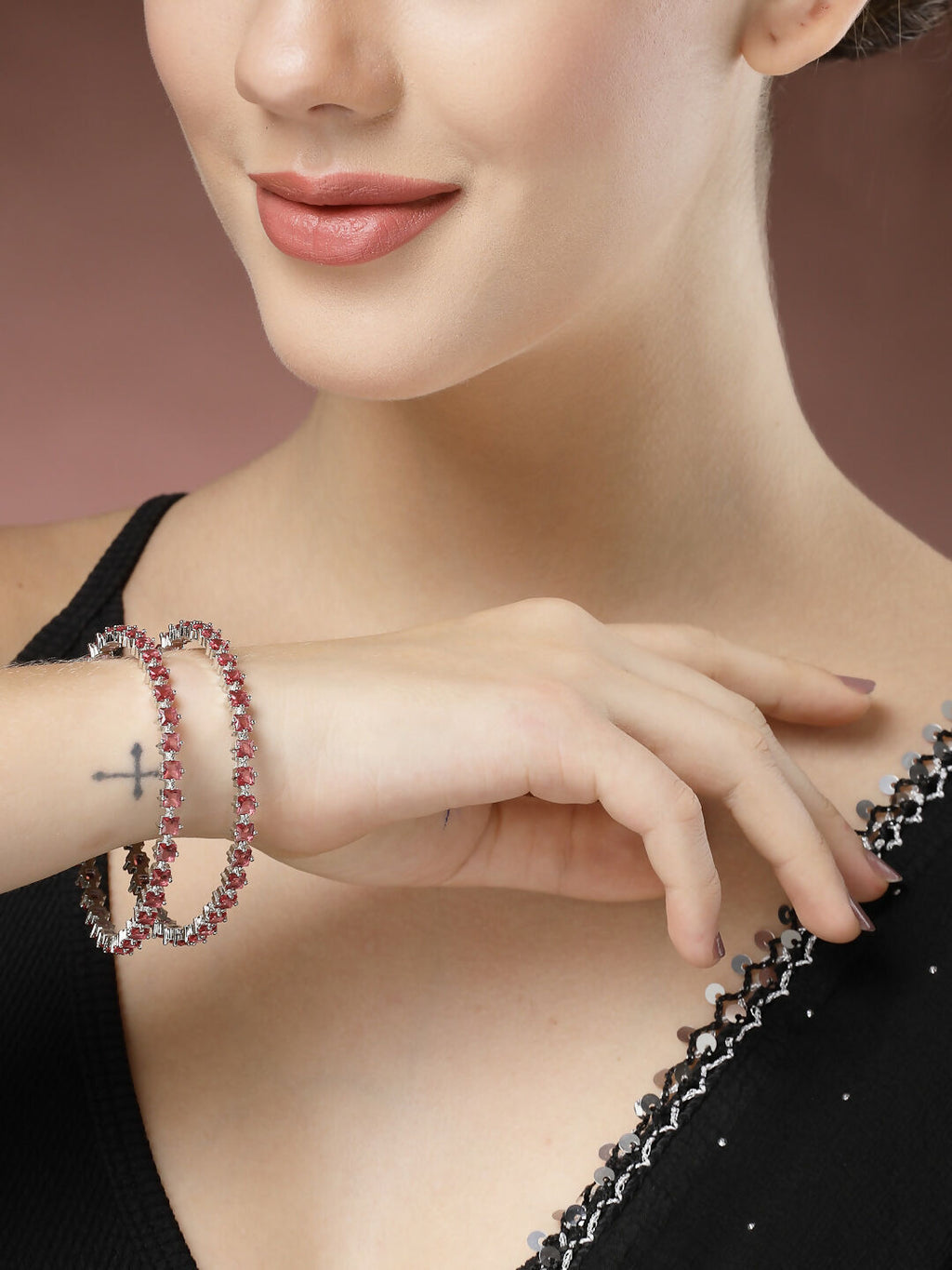 NVR Women's Set of 2 Pink CZ Stone-Studded Handcrafted Bangles