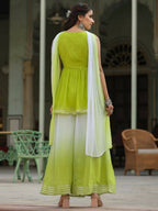 Juniper Women Green Georgette Embroidered Kurta, Palazzo and Dupatta Set | Grocsy