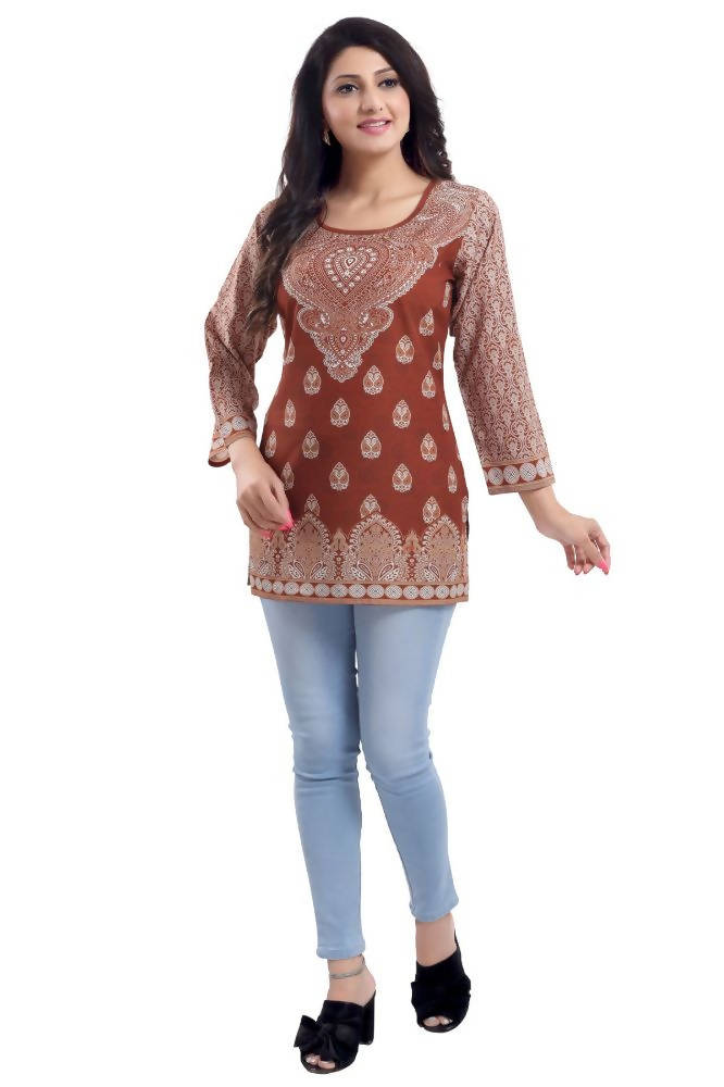 Snehal Creations Faux Crepe Rust Short Kurti Tunic Top | Grocsy