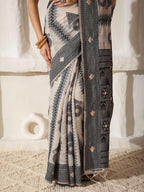 Shree Shyam Fashion Linen Cotton Black & Cream Saree | Grocsy