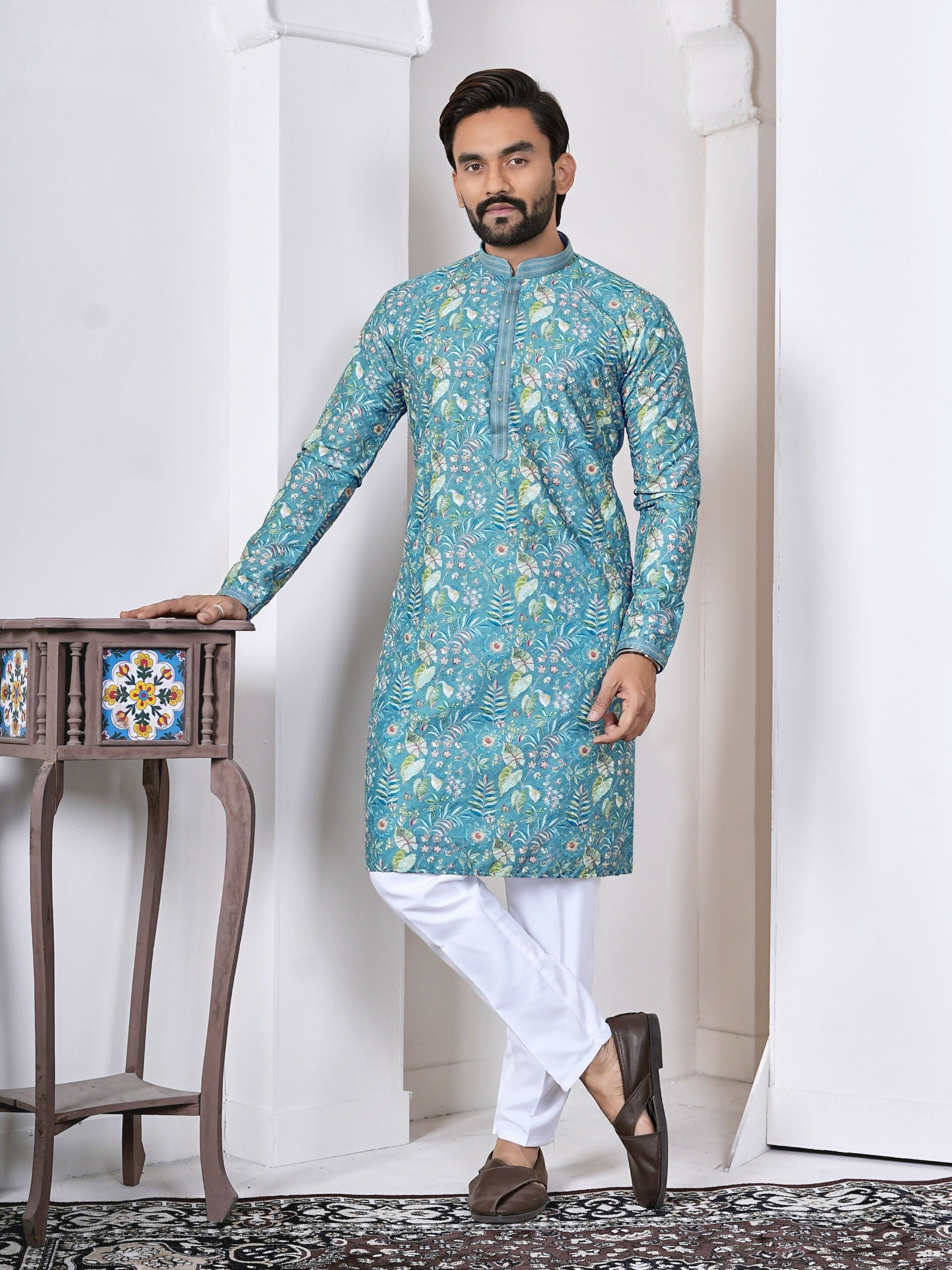 Anaita Blue Digital Printed Work Cotton Straight Kurta | Grocsy