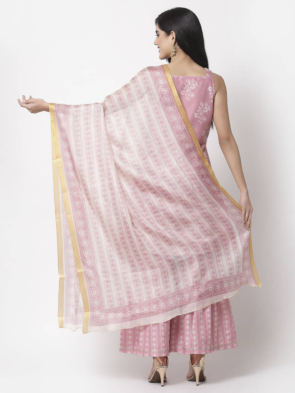 Myshka Women Peach Cotton Blend Printed Sleeveless Shoulder Straps Kurta With Sharara & Dupatta Set | Grocsy