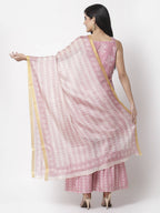 Myshka Women Peach Cotton Blend Printed Sleeveless Shoulder Straps Kurta With Sharara & Dupatta Set | Grocsy