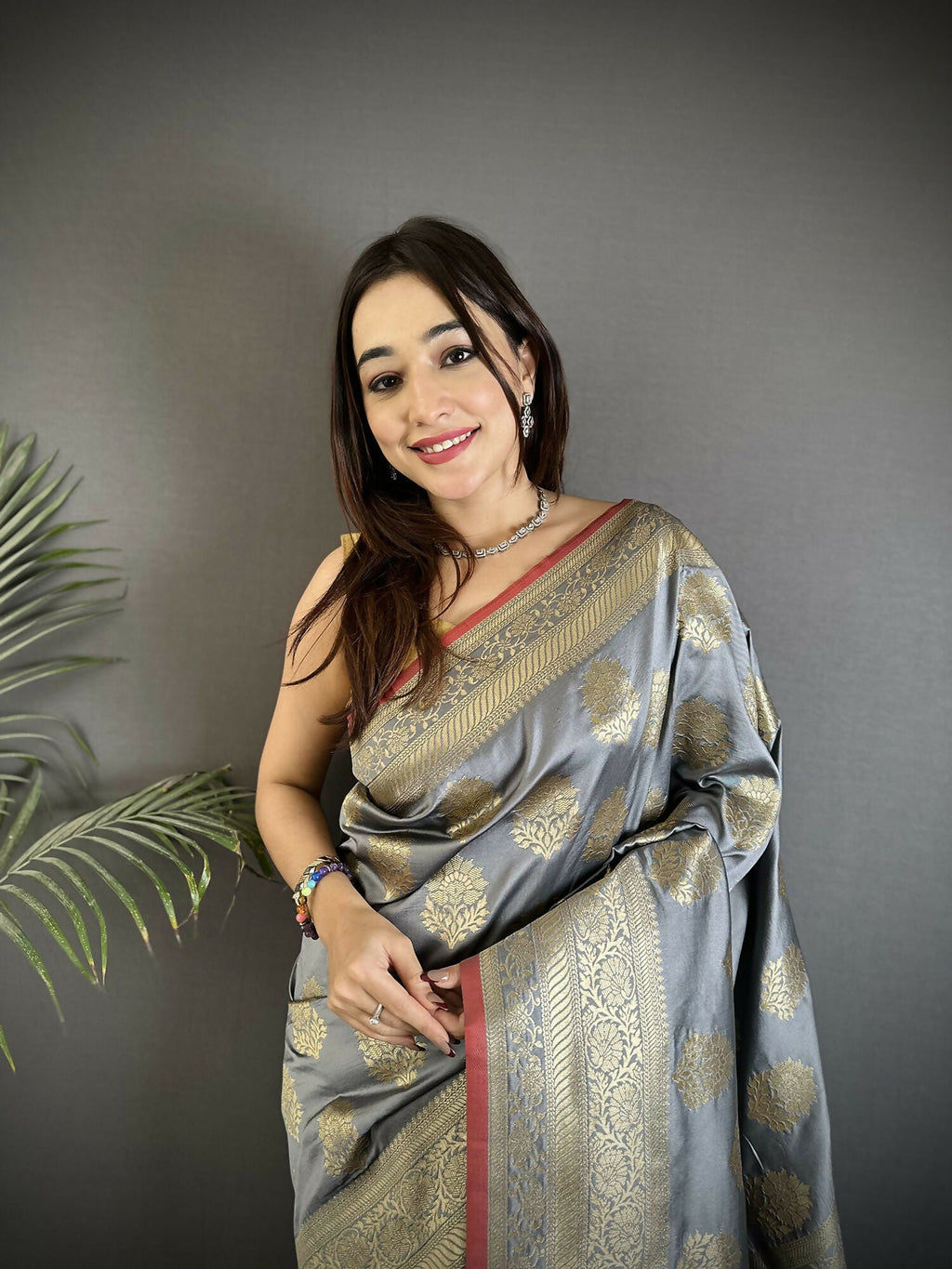 Joban Fashion Grey Ethnic Floral Motifs Soft Lichi Silk Banarasi Saree | Grocsy