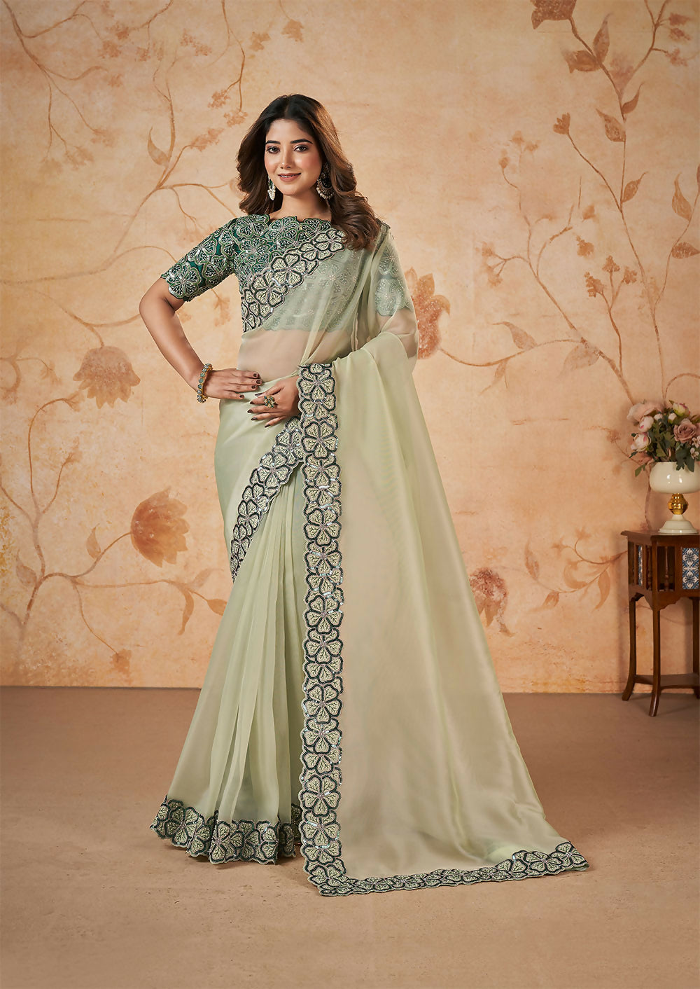 Light Green Net Organza Georgette Thread, Sequence, Cord Embroidered with Moti Work Saree - Mohmanthan Dakshika | Grocsy