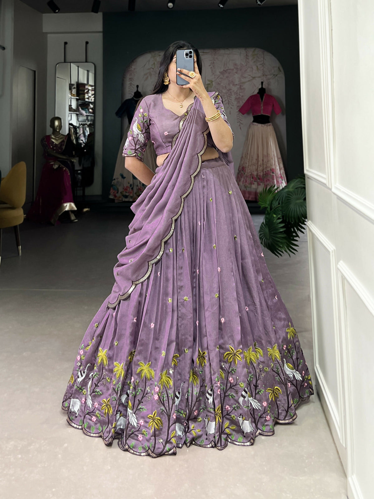 Lorenvalley Lavender Vichitra Simmer Sequins and Thread Embroidery Work Lehenga Choli | Grocsy
