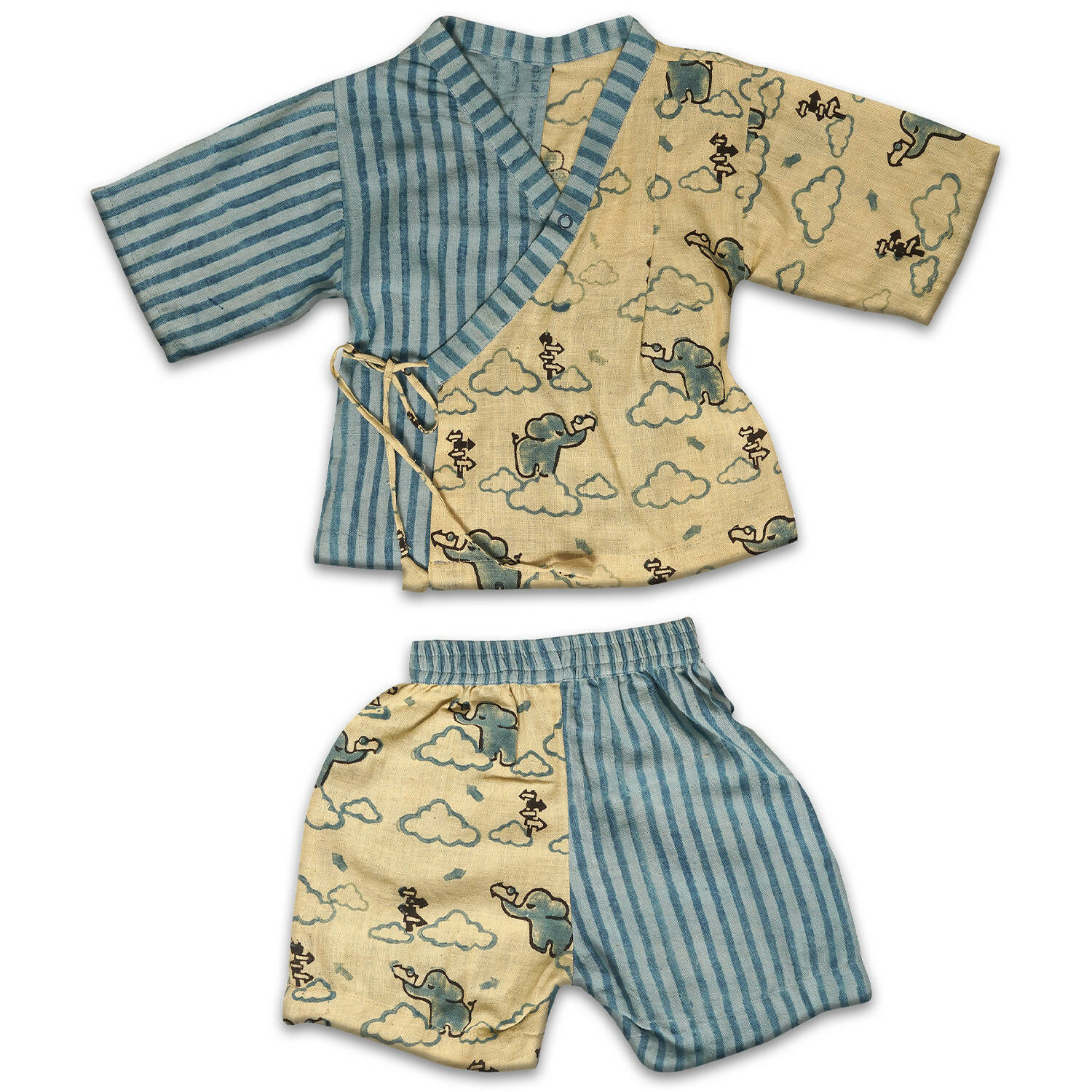 Mhyssa Blue And Beige V Neck Kimono Style Short Sleeve Printed T-shirt With Matching Shorts Set | Grocsy