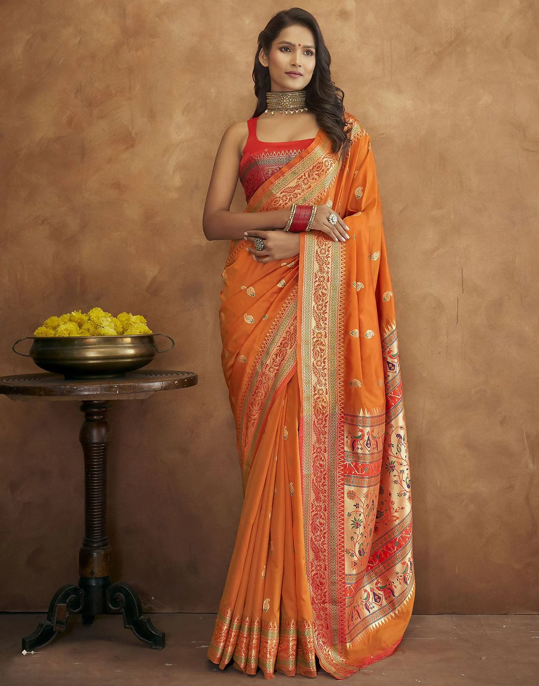 Vastranavya Orange Soft Paithani Silk Saree With Gold Zari Weaving Motifs With Matching Blouse Fabric | Grocsy