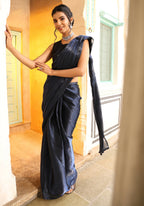 Navy Blue Tom Silk Plain Ready To Wear Saree With Stitched Blouse - Satiksha | Grocsy