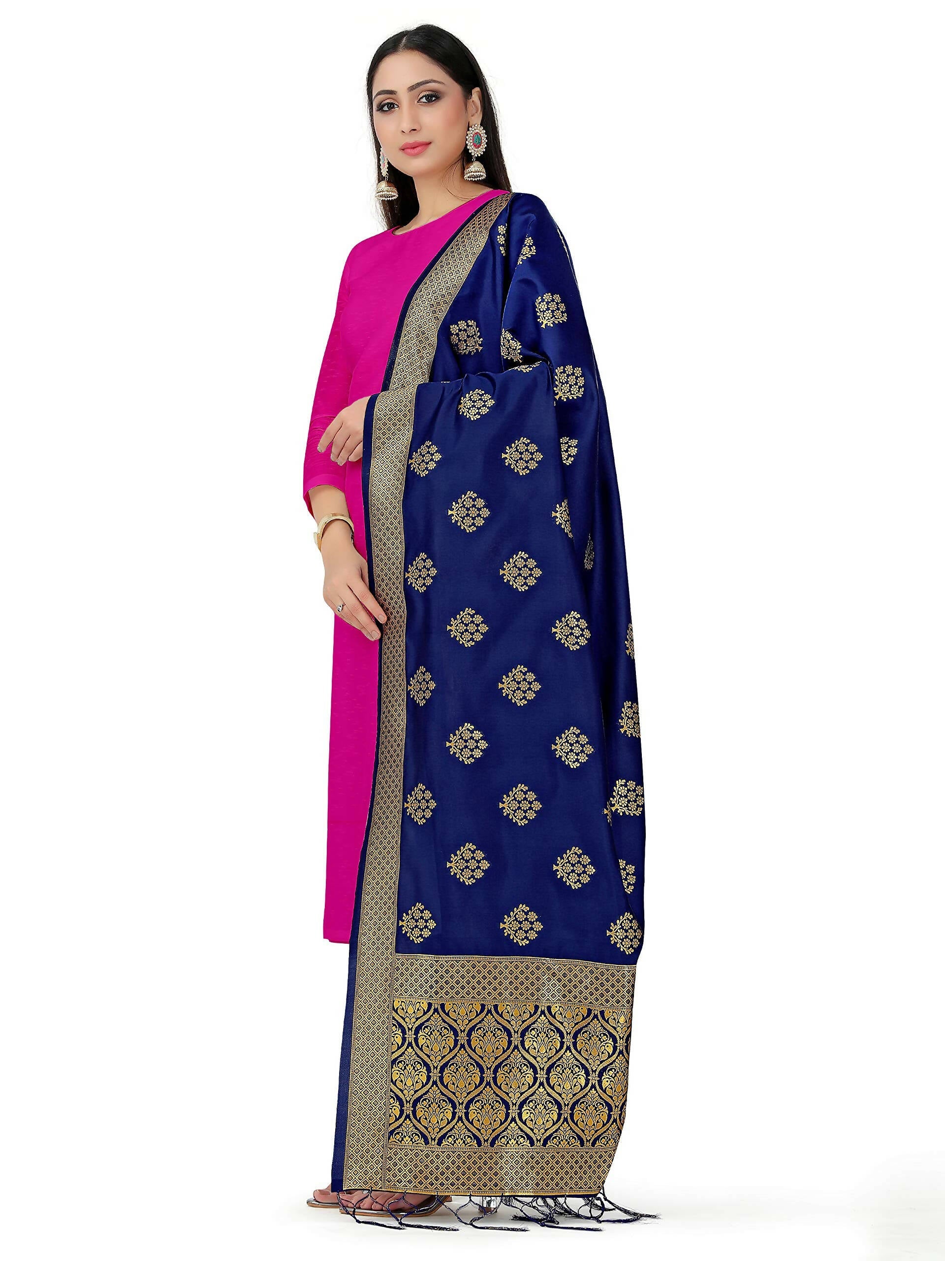 Mimosa Women's Floral Art Silk Navy Blue Dupatta | Grocsy