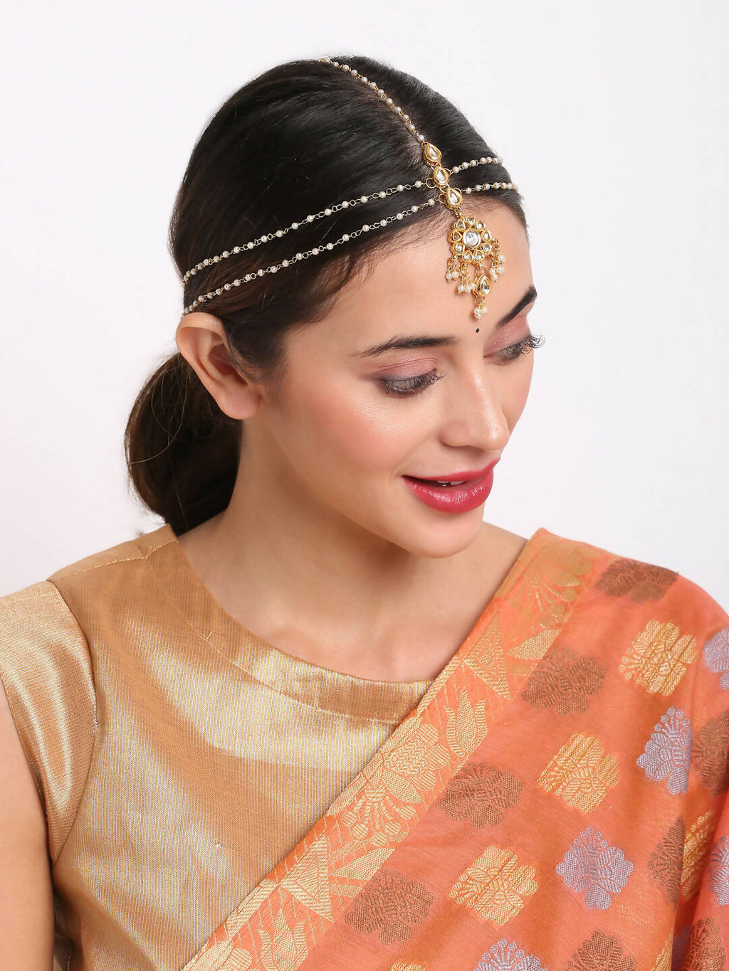 Gold-Polished White Kundan Studded Matha Patti - Ruby Raang | Grocsy