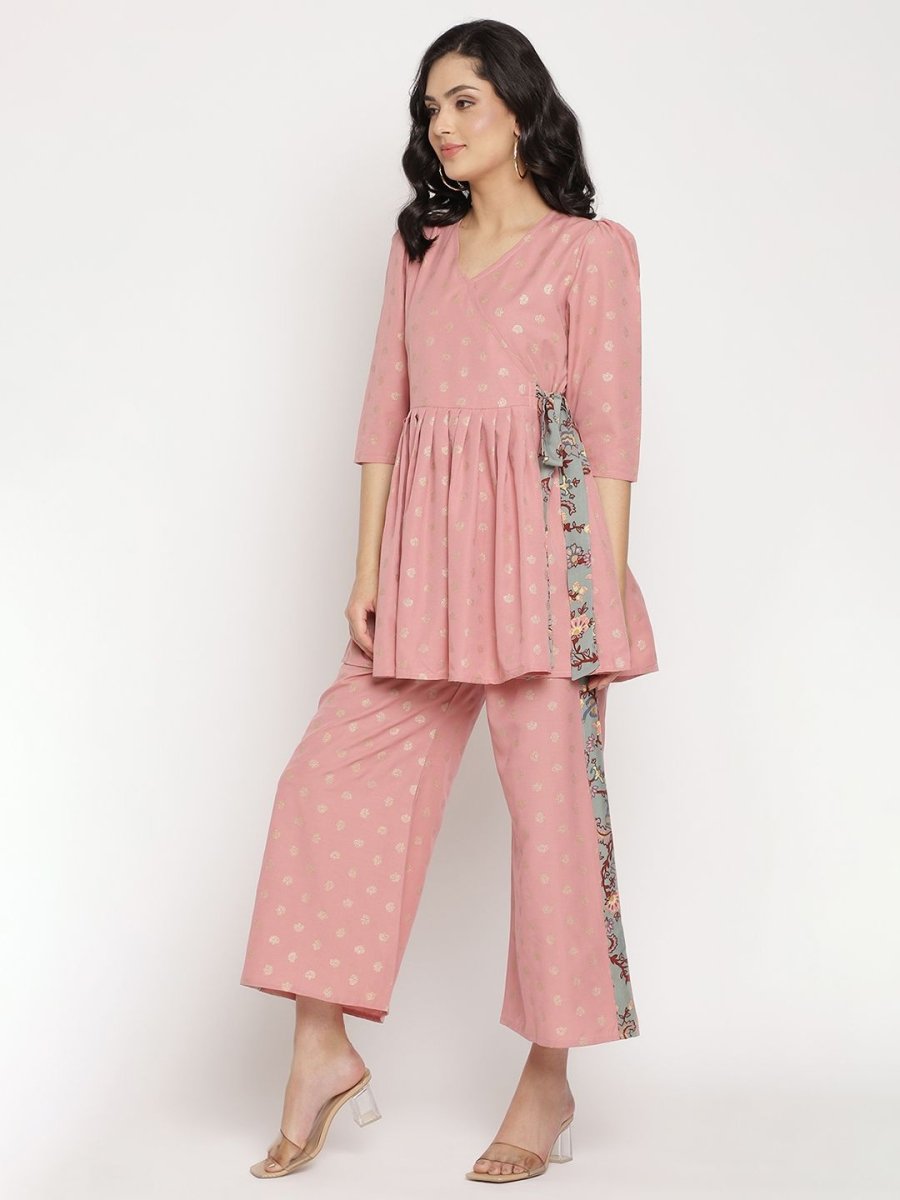 Ahalyaa Pink Ethnic Motifs Printed Angrakha Kurti With Palazzos For Women | Grocsy