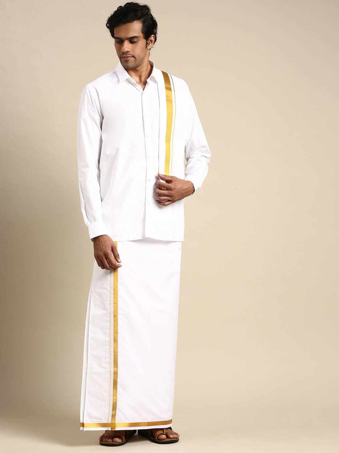Ramraj Cotton Mens Premium Wedding Cotton White Dhoti with shirt Bit & Towel Set | Grocsy