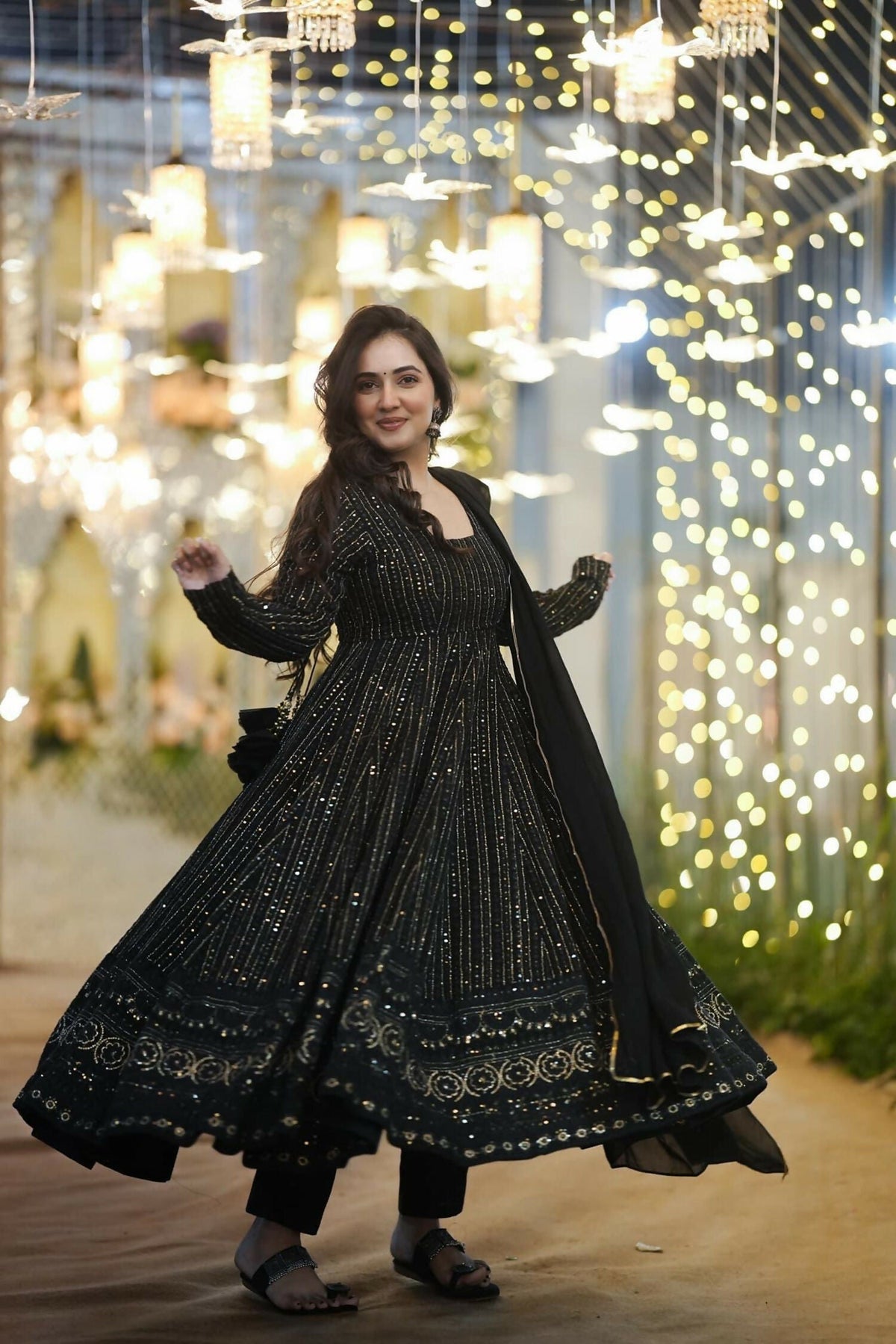 Aayaa Designer Embroidery Zari Sequins Work Faux Blooming Georgette Suit - Black | Grocsy