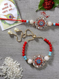 NVR Women & Men Set of 2 Red-colored Stone-Studded & Beaded Bhaiya Bhabhi Rakhi With Roli Chawal | Grocsy