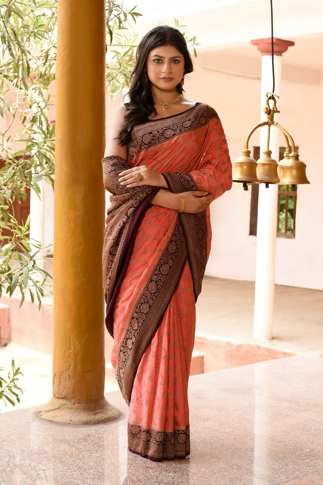 Joban Fashion Coral Crepe Chiffon Pure Handloom Banarasi Silk Saree | Grocsy