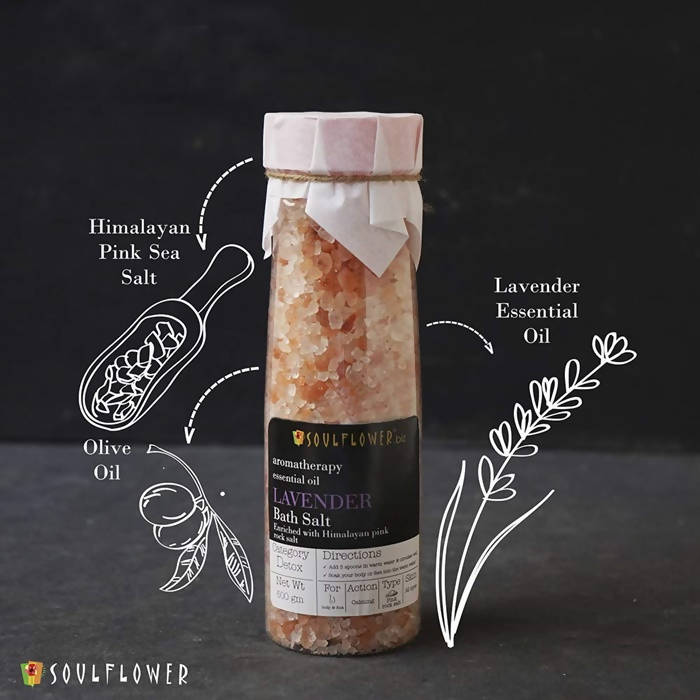 Soulflower Aromatherapy Essential Oil Lavender Bath Salt Enriched With Himalayan Pink Rock Salt | Grocsy