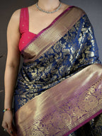 Prime Volt Pure Handloom Kanjivaram Katan Silk Saree with Antique Zari & Contrast Pallu-Deep Vibrant Blue | Grocsy