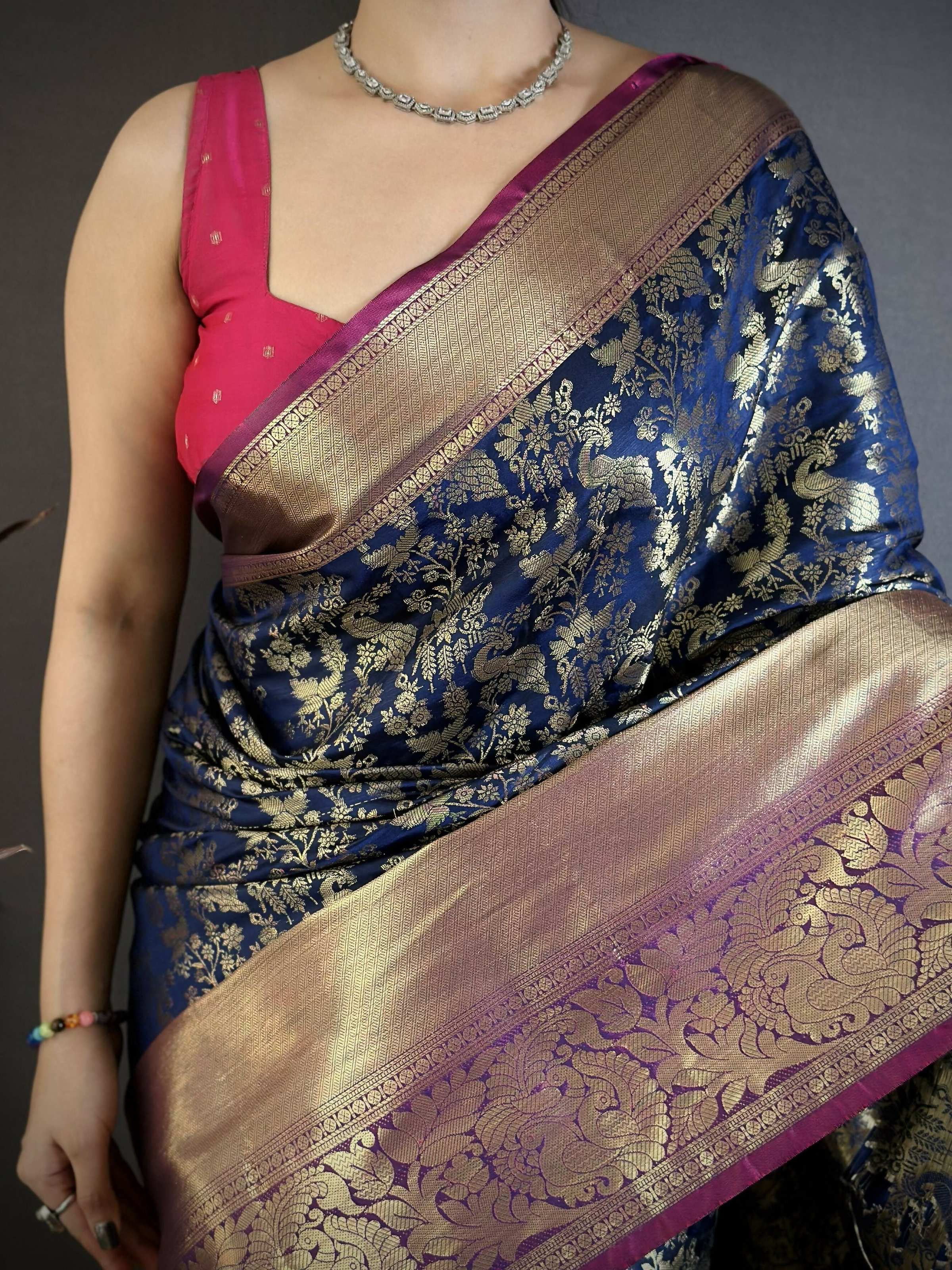 Prime Volt Pure Handloom Kanjivaram Katan Silk Saree with Antique Zari & Contrast Pallu-Deep Vibrant Blue | Grocsy