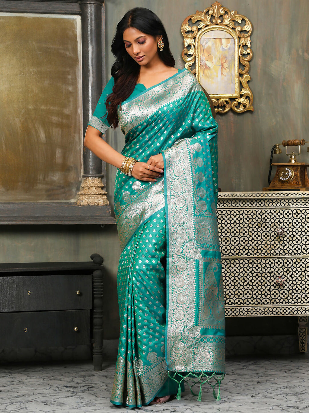 Shree Shyam Fashion Banarasi Silk Rama Green Saree | Grocsy