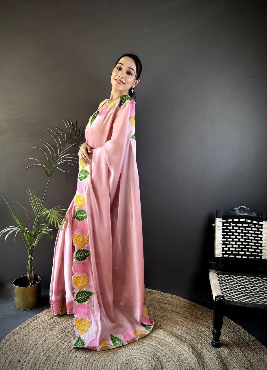 Prime Volt Multicolor Leaf Embroidery Rangoli Silk Saree with Scalloped Border-Pink | Grocsy