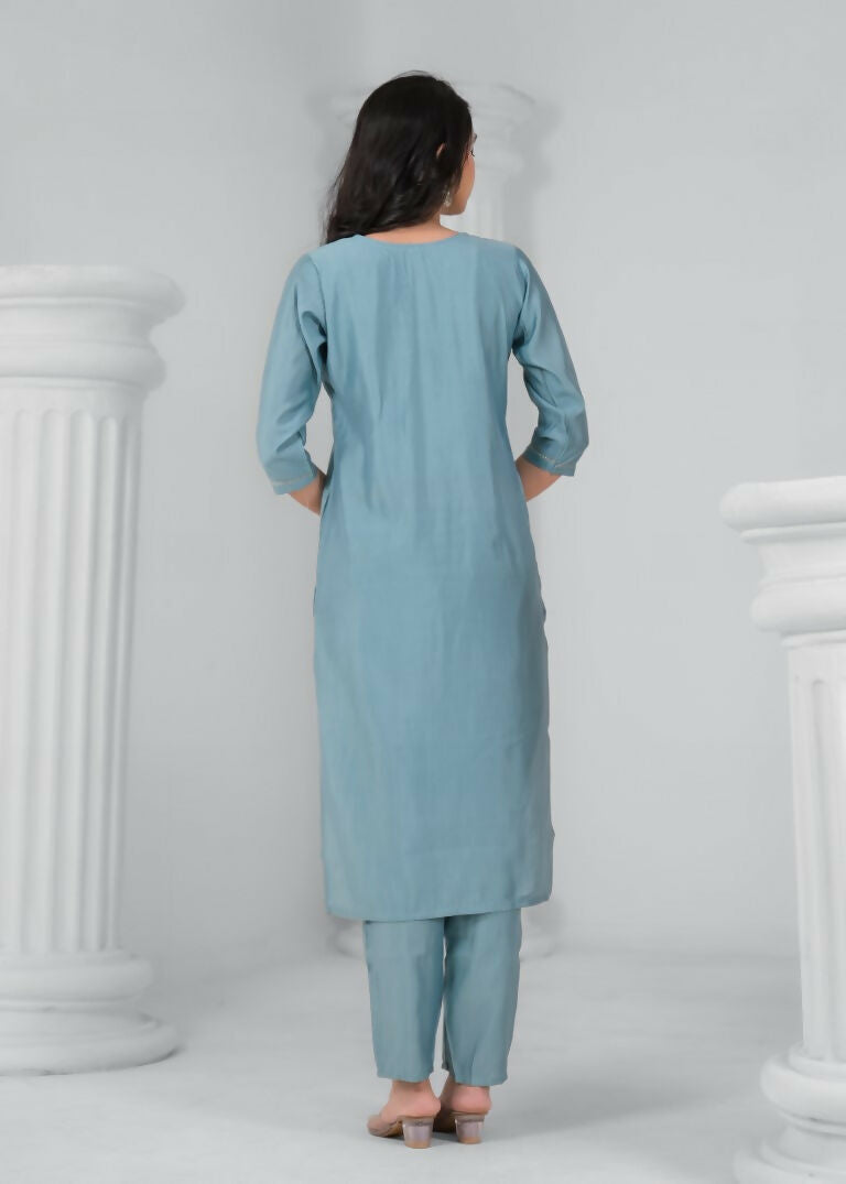 Ethnic Festive Wear Chanderi Viscose Sky Stitched Suit With Dupatta - Tanisha | Grocsy
