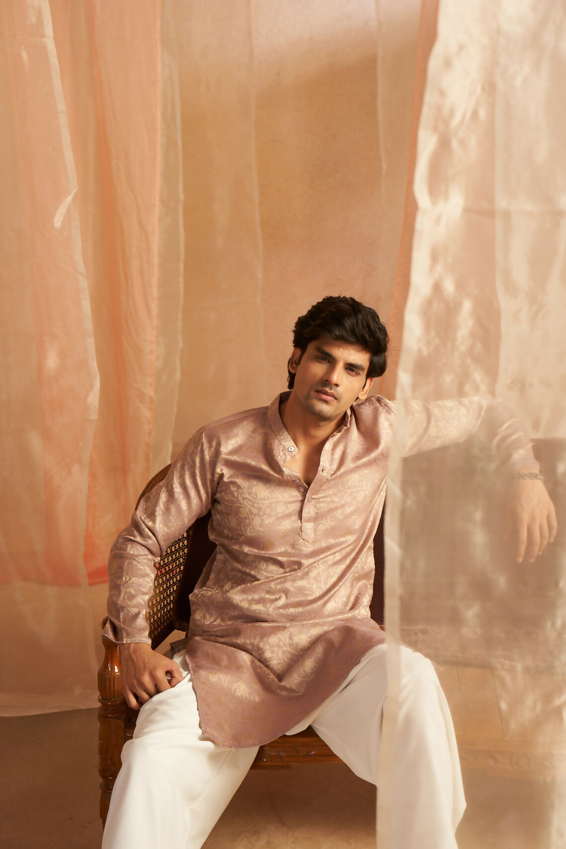 Mauve Modal Silk Wevon Designer Men's Kurta Set - Mahotsav | Grocsy