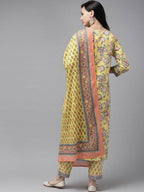 Yufta Yellow printed kurta with Palazzo & Dupatta Set | Grocsy