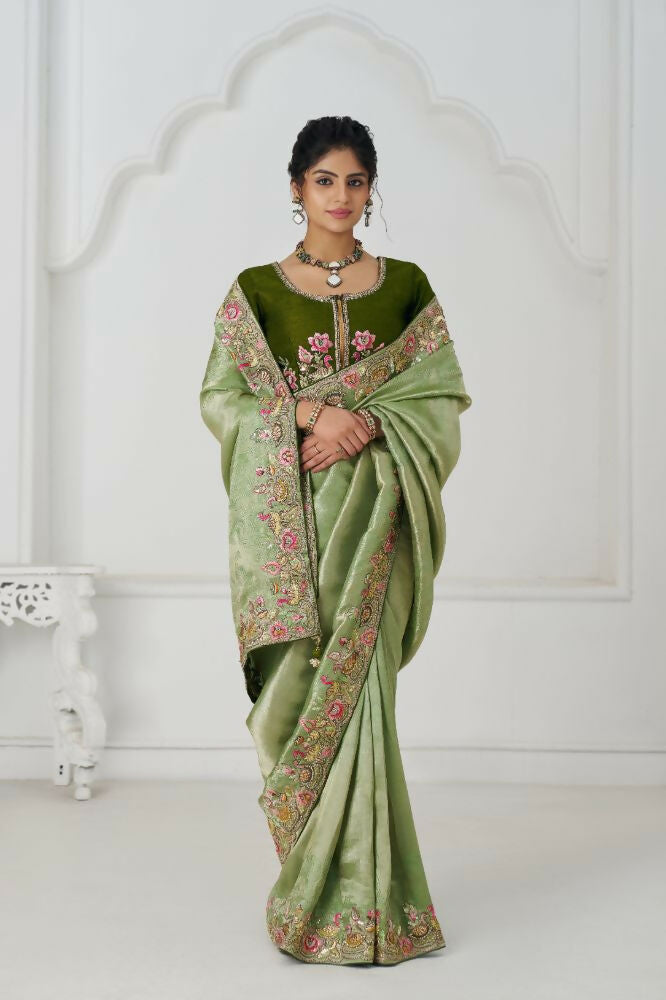 Kesar Fab Mehendi Color With Multi-Thread And Sequins Embroidery For Wedding Saree | Grocsy