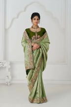 Kesar Fab Mehendi Color With Multi-Thread And Sequins Embroidery For Wedding Saree | Grocsy