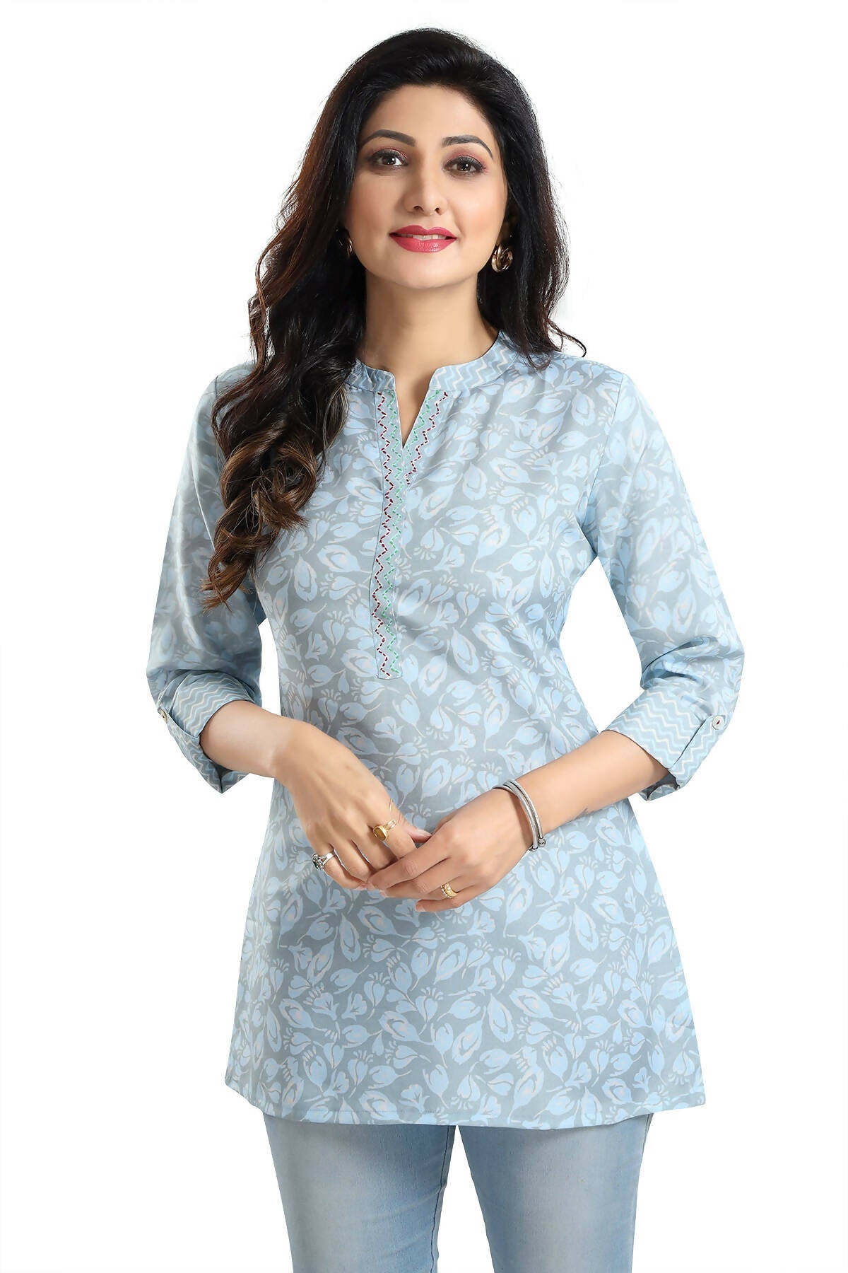 Snehal Creations Pretty Pastel Blue Rayon Short Kurti Tunic Top | Grocsy