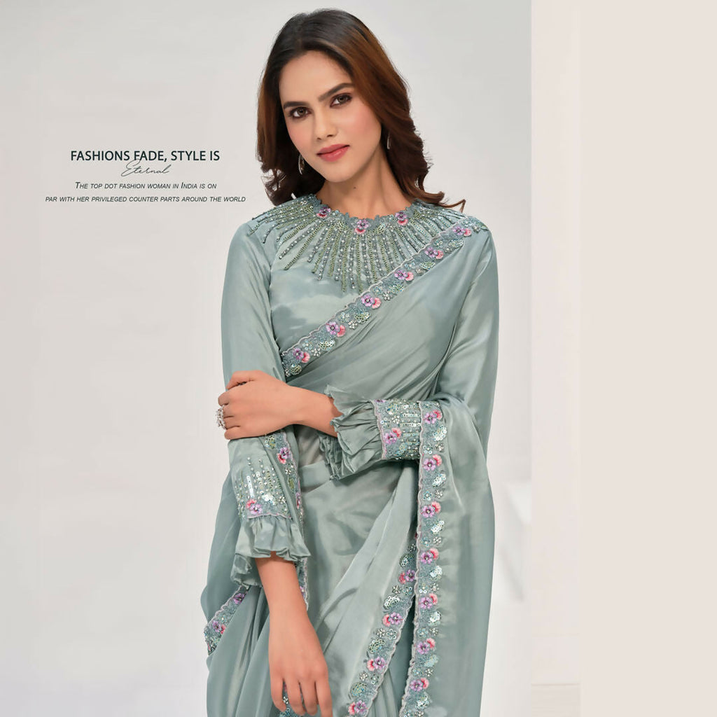 Sea Green Crepe Satin Silk Handwork Saree With Unstitched Blouse - Norita Saanjh | Grocsy