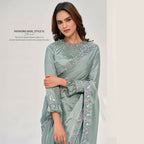Sea Green Crepe Satin Silk Handwork Saree With Unstitched Blouse - Norita Saanjh | Grocsy