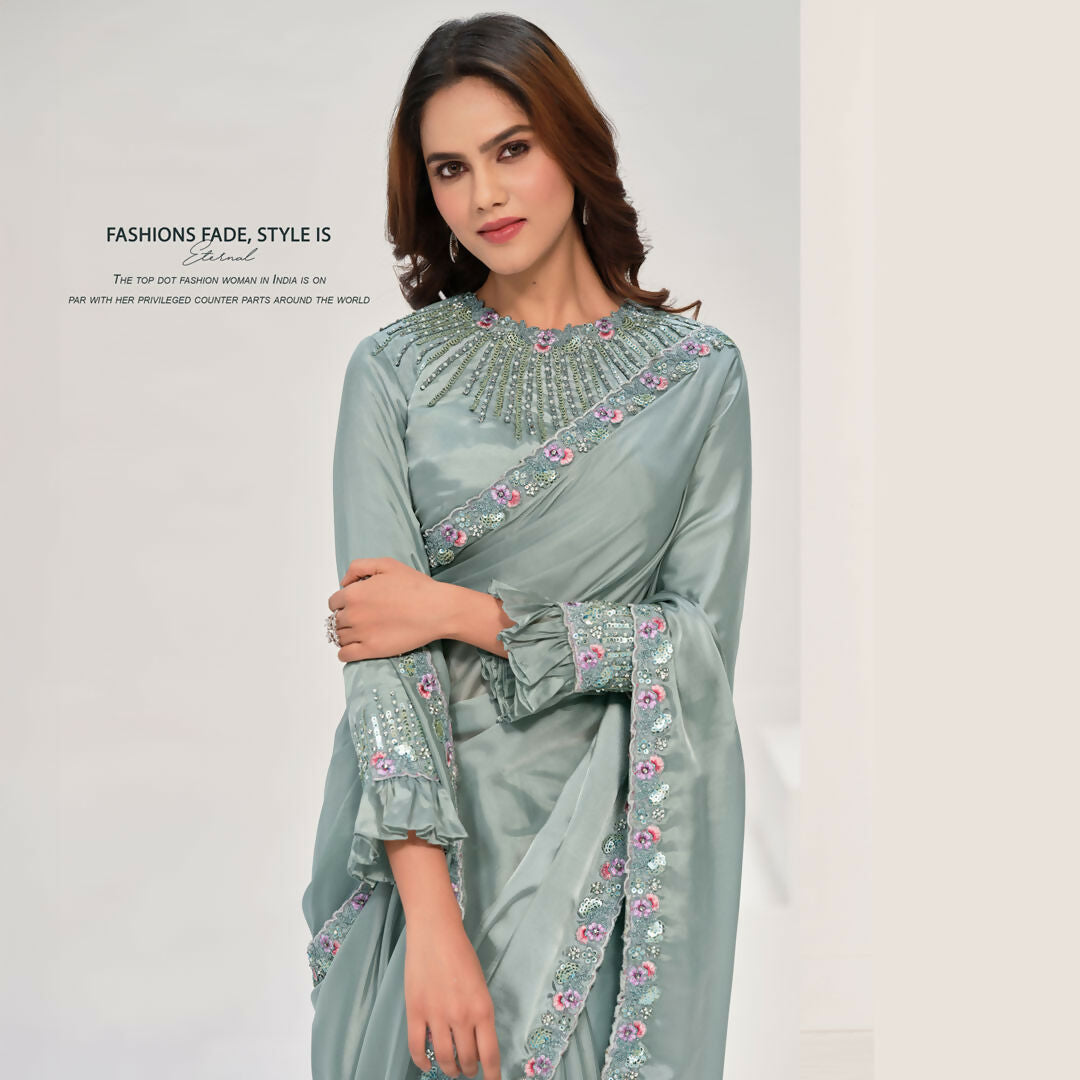 Sea Green Crepe Satin Silk Handwork Saree With Unstitched Blouse - Norita Saanjh | Grocsy
